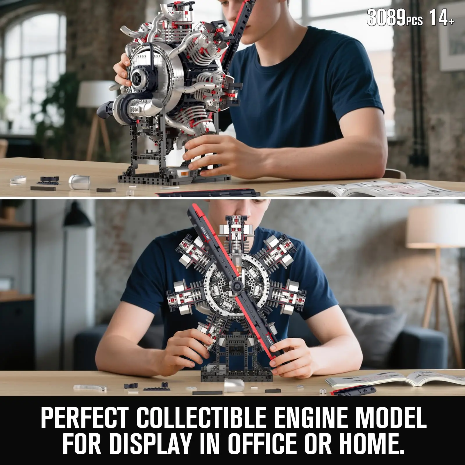 3089개 항공기 엔진 조립 세트, 14세 이상 청소년/성인용 군용 엔진 모델 키트, 전시용 STEM 엔지니어링 장난감