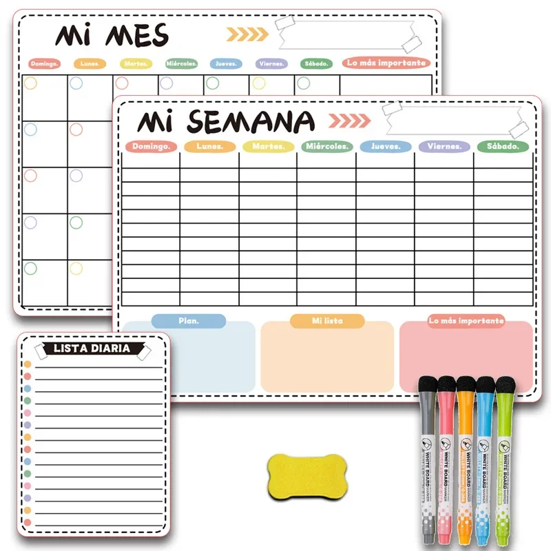 Spanish/English Weekly Monthly Planner Daily Message Magnetic Stickers Soft Whiteboard Fridge Magnets Calendar Removable