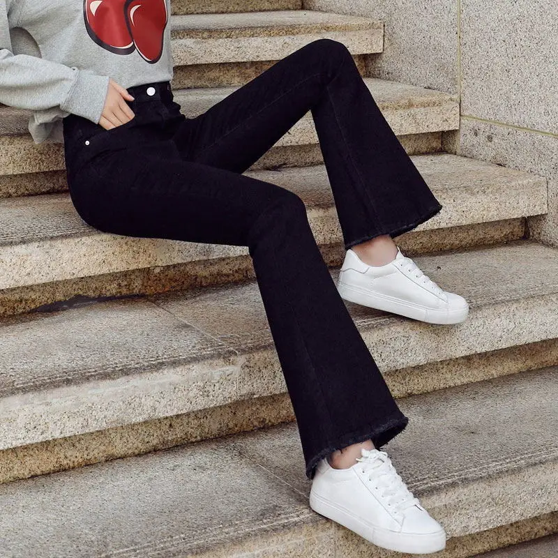 

Black High Waist Straight Leg Slimming Jeans Women's Spring Autumn High Waist Bell Bottom Trousers plus Size Cotton Stretch D...