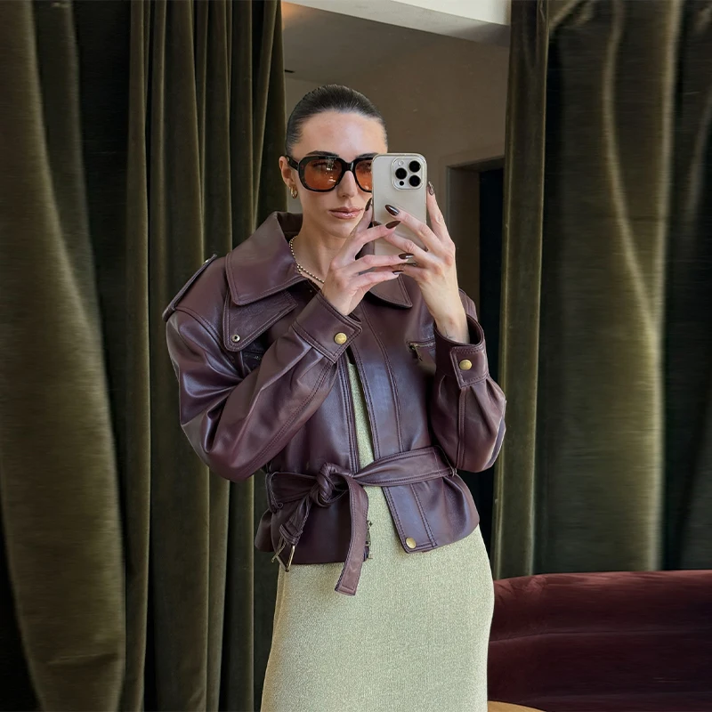 

Винтажная женская кожаная куртка с воротником-стойкой и карманами, короткие пальто в стиле ретро, верхняя одежда на молнии с поясом, новинка 2025, осенне-зимние куртки