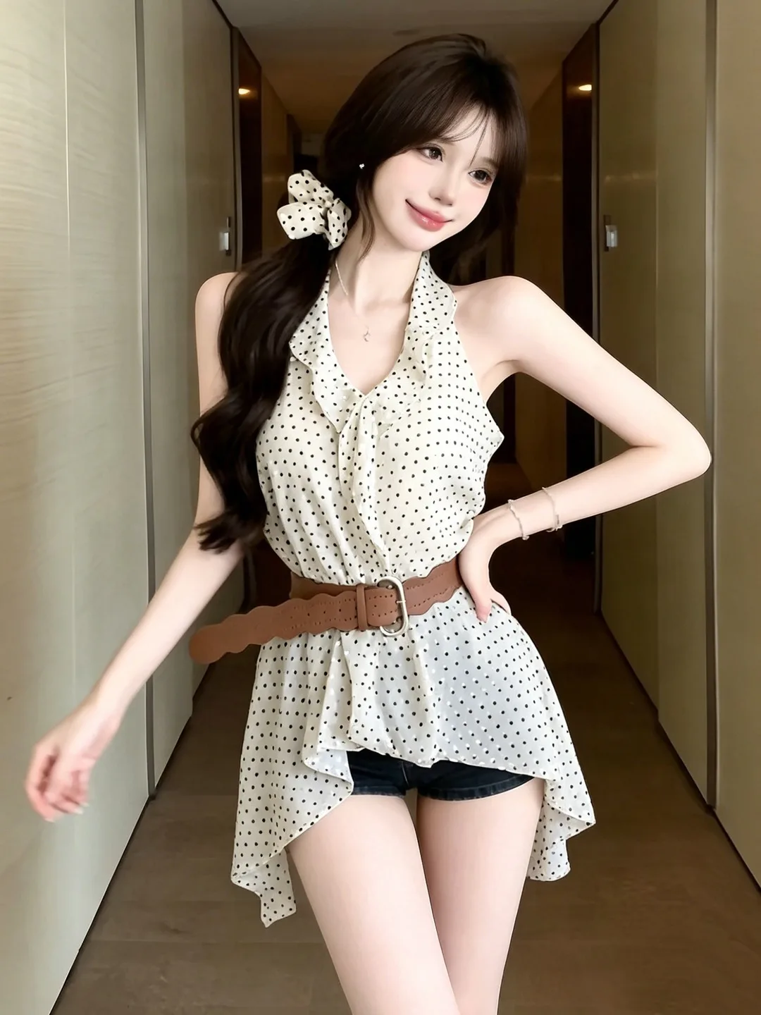 

Retro Halter Polka Dot Chiffon Top Women Summer Gentle Uneven Hem Sleeveless Waist Cinched Casual Style Printed Composite Fabric