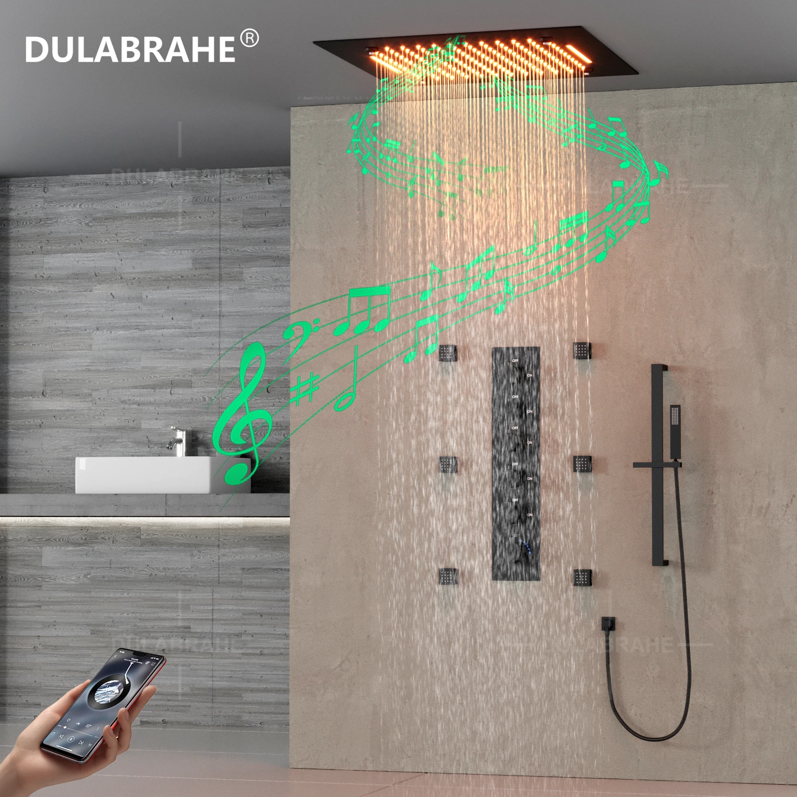 Large Size LED Music Shower System Thermostatic Concealed Shower Mixer Rainfall Shower Set Black Faucet System