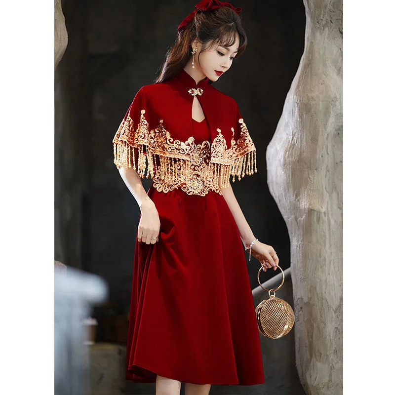 

Women Modern Improve Retro Slim Cheongsam Wine Red Tassel Shawl Qipao 2 Piece Set Chinese Wedding Dress Banquet Evening Dress