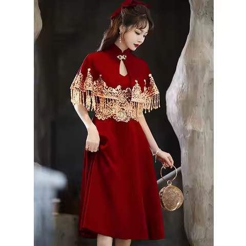 Women Modern Improve Retro Slim Cheongsam Wine Red Tassel Shawl Qipao 2 Piece Set Chinese Wedding Dress Banquet Evening Dress