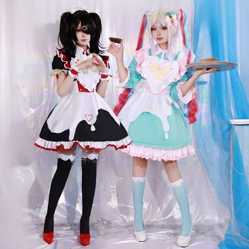 

Game Needy Girls Cosplay Rain Costume Sweet Maid Lolita Uniform Black Green Dress Set for Women Role Play Outfit Theme Party