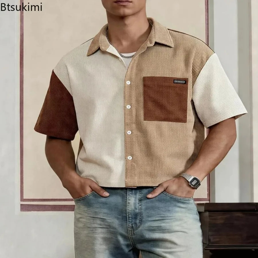 2026 New Men's Color Block Patchwork Corduroy Short Sleeve Shirt Vintage Lapel Loose Casual Streetwear Top for Summer Daily Wear