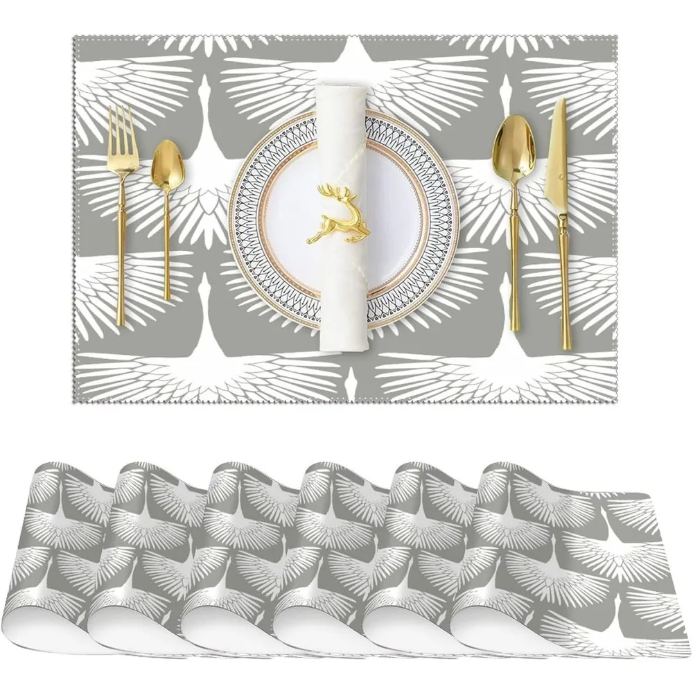 Placemats Set Of 6 Light Gray White Swan Bird Flock Place Mats Non-Slip Spring Placemats Leopard Animal Print Chinoiserie Asian