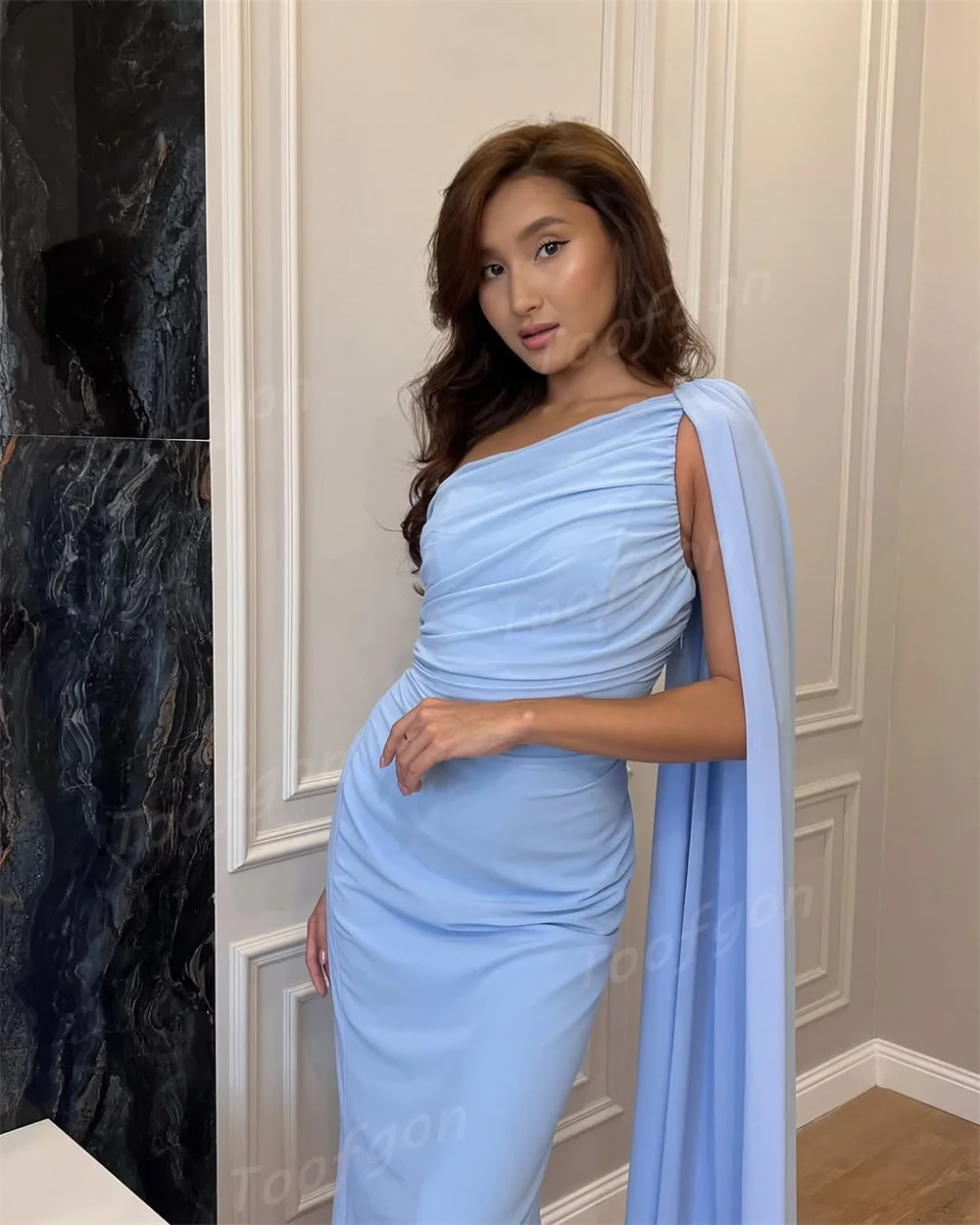 Toofgon moderno azul chiffon sereia vestidos de noite personalizado longo cabo um ombro ocasião especial vestido de festa vestidos de baile