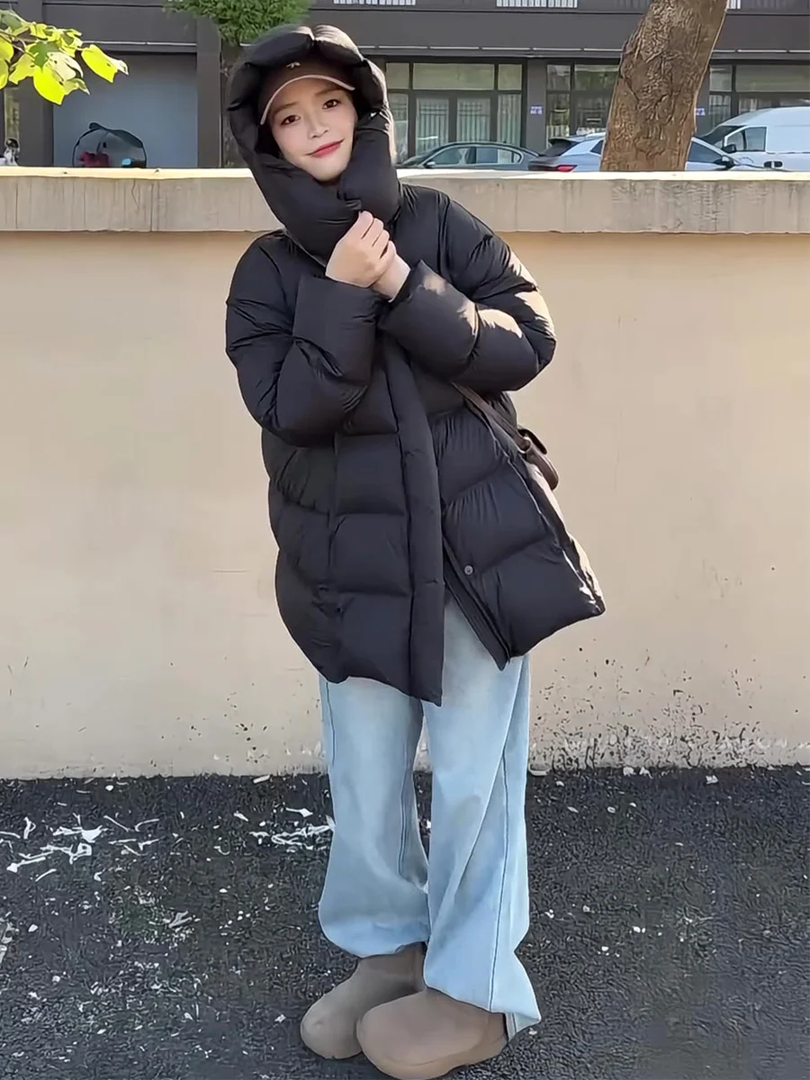 Chaqueta acolchada con capucha para mujer, abrigo largo holgado de pan, abrigo cálido con relleno de plumón, ropa de abrigo informal holgada para invierno