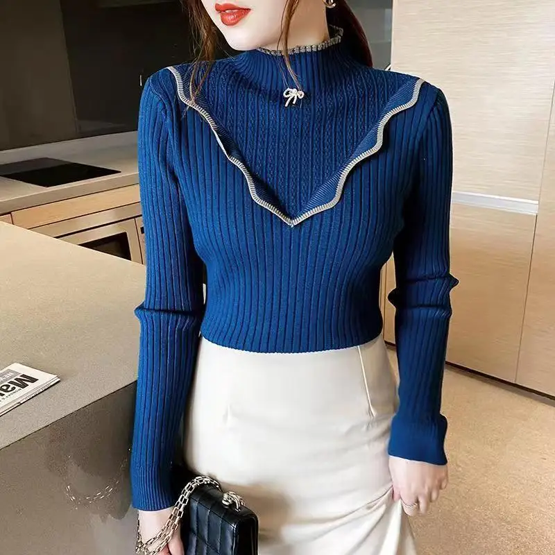 

Autumn Winter Half High Neck Slim Knitted Bottoming Shirt Femal Inside Long Sleeve Chic Pullovers All-match Casual Women Clothes