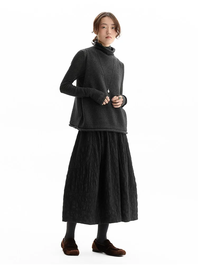 Versatile Umbrella Skirt~Autumn and Winter 100% Wool Jacquard Skirt for Women, Black Flower Bud Skirt