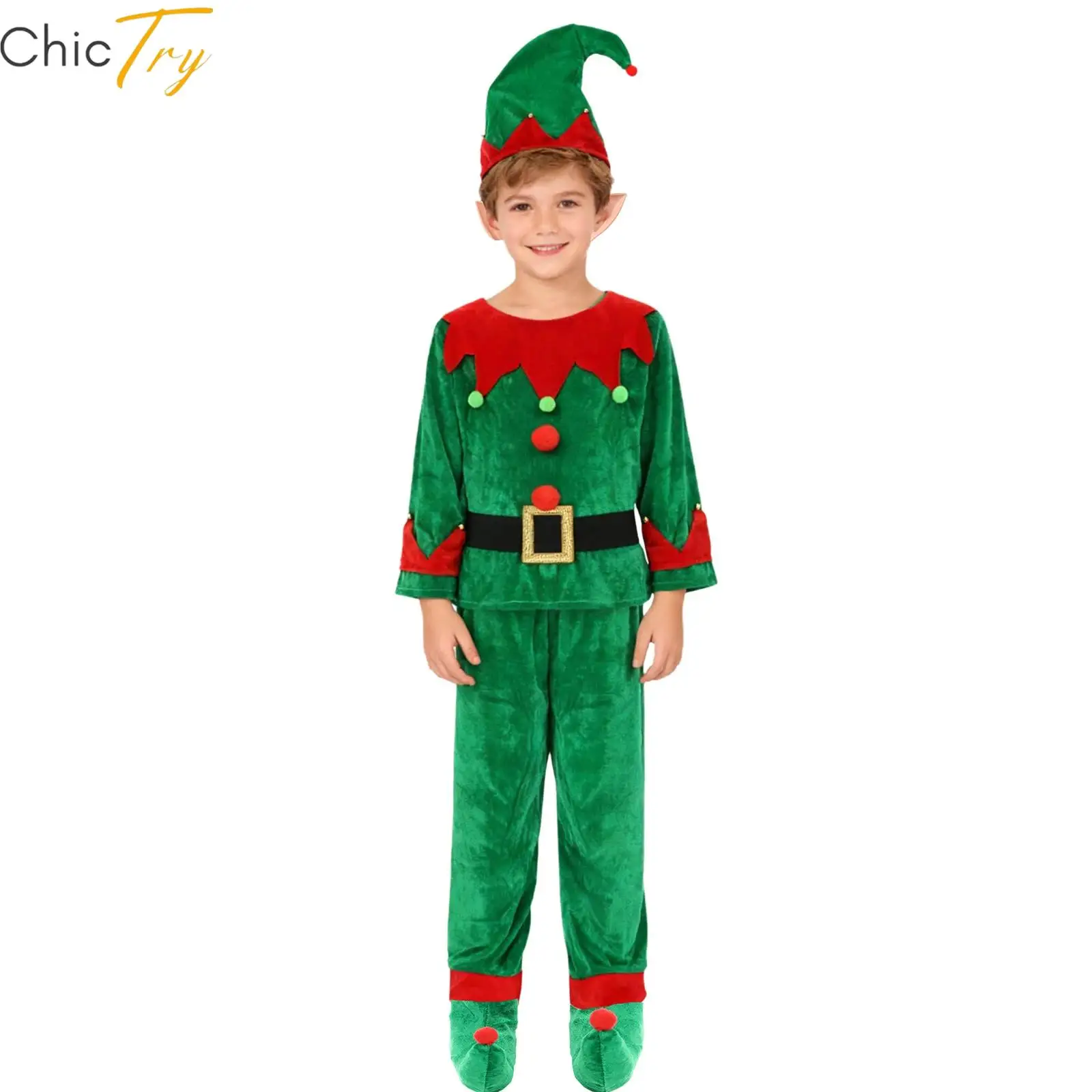 Disfraz de elfo de Navidad para niñas, conjunto de Papá Noel de Navidad con camisa, pantalones, sombrero, cinturón con orejas de silicona, medias, zapatos, trajes de Año Nuevo