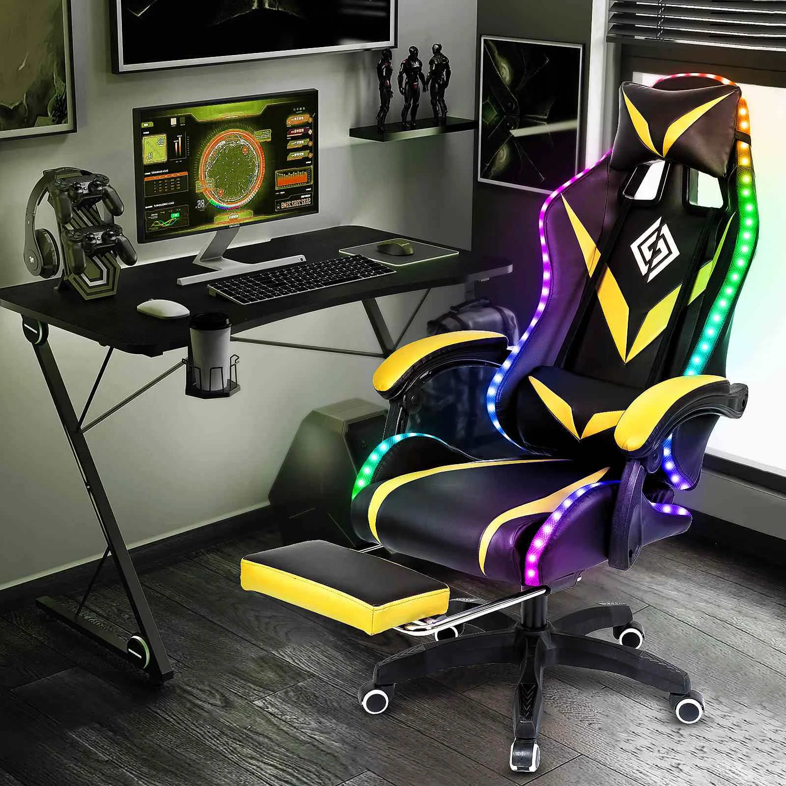 RGB Light Gaming Chair Office Chair Gamer Computer Chair Ergonomic Swivel Chair 2 Point Massage & 135° Reclining with Footrest