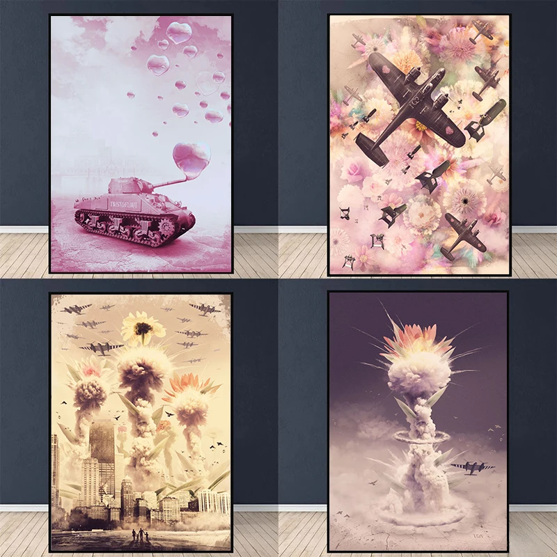 Abstract Pink Tank Bomb Poster Panzer Nuclear Power Peaceful Canvas Painting Prints Wall Art Pictures for Living Room Home Decor