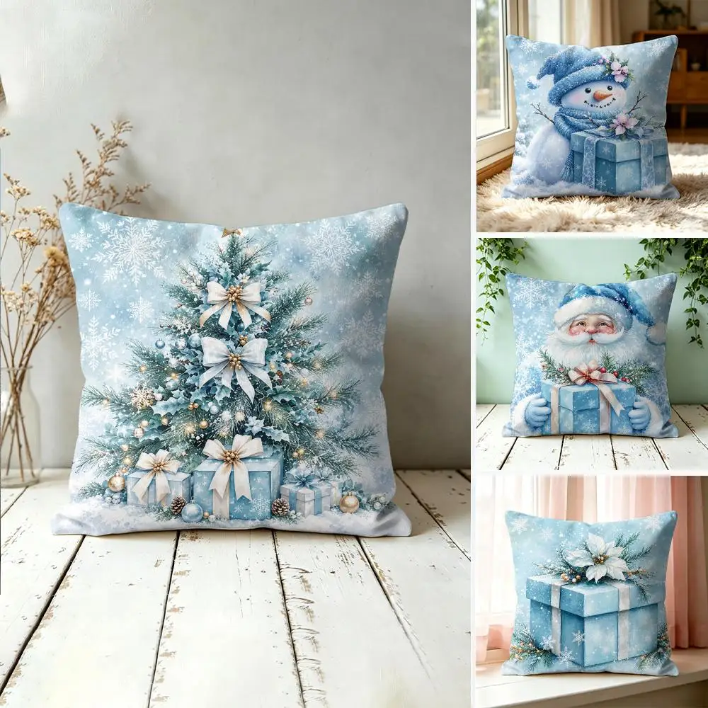Blue Watercolor Christmas Cushion Cover Silky Short Plush Invisible Zipper Dustproof Sofa Pillow Case For Home Decor