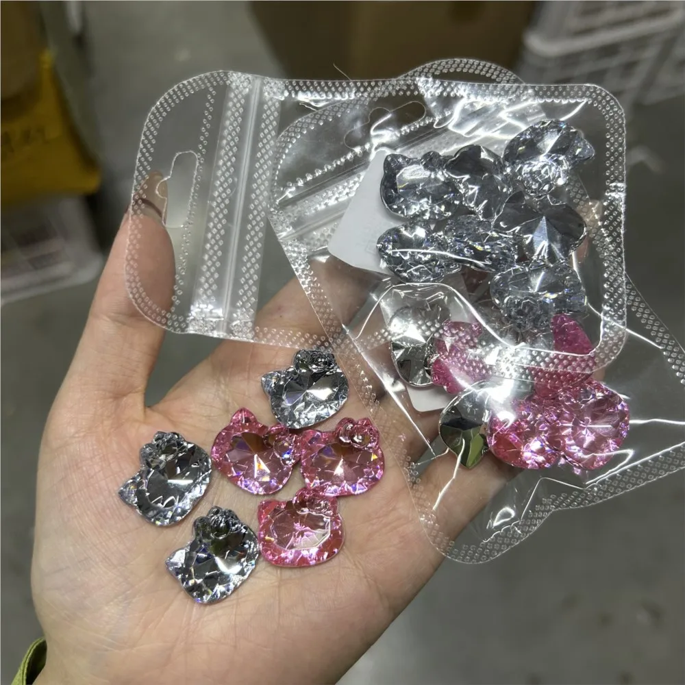 10pcs Super Flash Crystal Hello Kitty Nail Charms Transparent Multi-faceted Acrylic Kitty Rhinestones Y2K Earrings/hairpin Parts