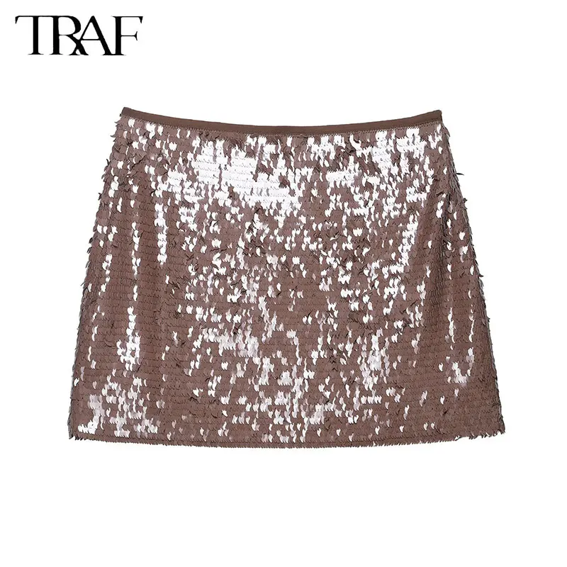 

TRAF Elegant Women Solid Sequined Slim Mini Skirt 2025 Sparkling Party Style Skirt Female Sexy High Waist Short A-Line Skirt