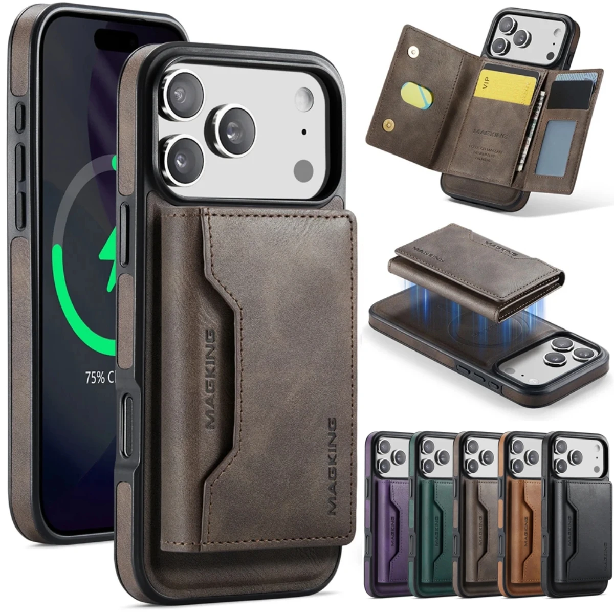 Abnehmbare RFID-Leder-Handyhülle für iPhone 17 Pro Max 16 Plus 15 14 13 12 Magnetkarten Solt Wallet Wireless Charging Cover