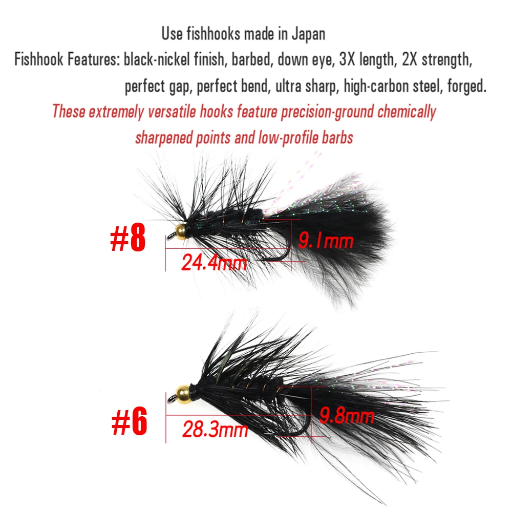 12 Stück # 6 # 8 Messingperlenkopf Woolly Bugger Streamer Fliegenfischen-Köder für Hecht, Barsch, Regenbogenforelle in Oliv, Braun, Schwarz – Detail 3