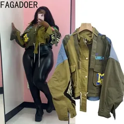 FAGADOER Retro Letter Printing Jacket Women Streetwear Green Cargo Pocket Denim Patchwork Fashion Coat Female Clothing 2025 New