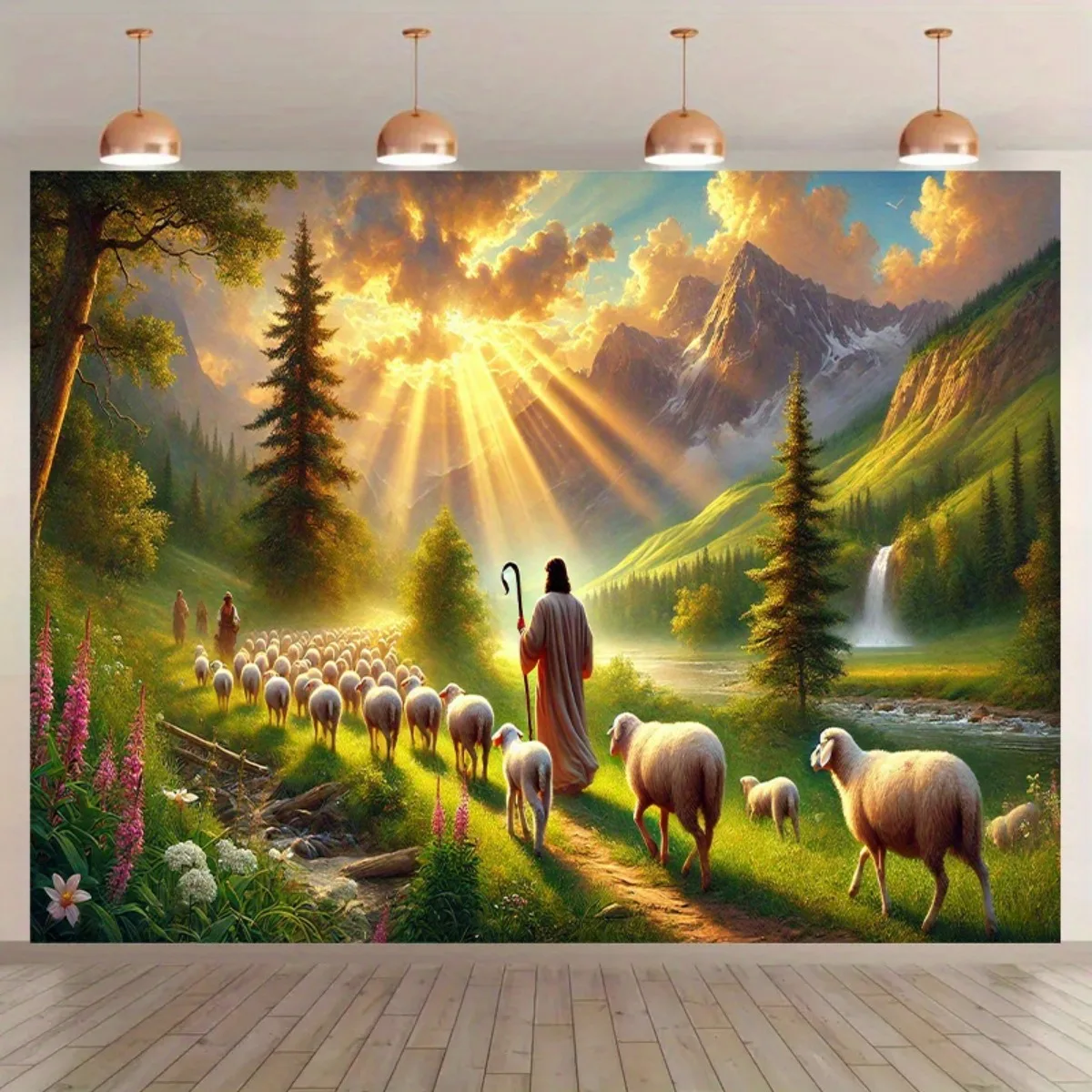 Shepherd and Sheep Mountain Landscape Wall Tapestry Religious Christian Art Nature Background Church Decor 2D Flat Print