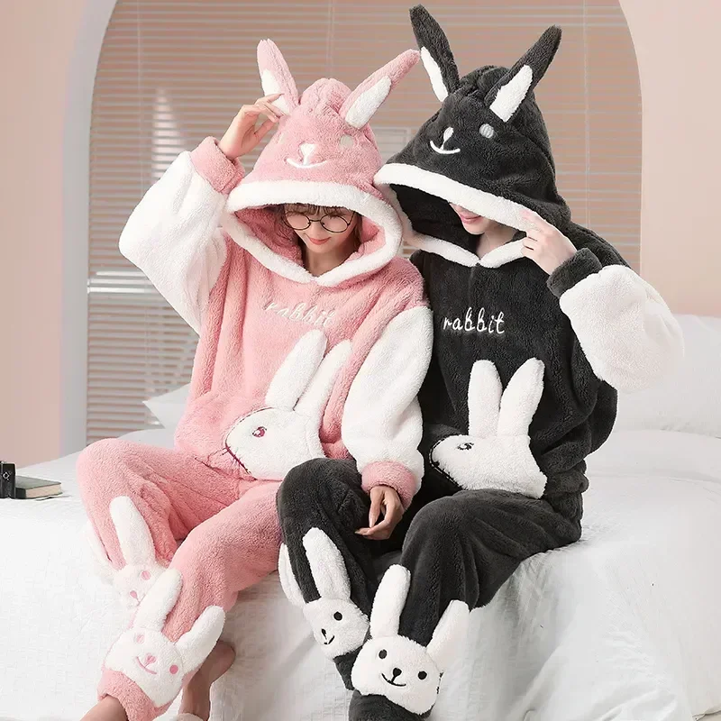 Velvet Rabbit Winter Suits Set Pijama Coral Women Plush Sleepwear Sweethearts Loungewear Warm Cartoon Hooded Pajama Kawaii Men