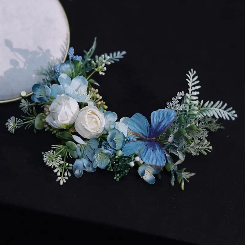 Mori simple location  bridal headdress blue silk flower Chinese classical  wedding hair accessories seaside vacation