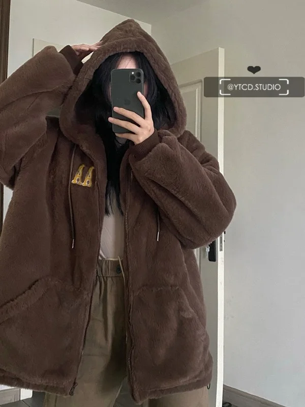 

plus Size Lazy Sle Hoodie Cotton Jaet Winter New Arrival Loose Fit Warm Thiened Zipper Closure Casual Top for Teens