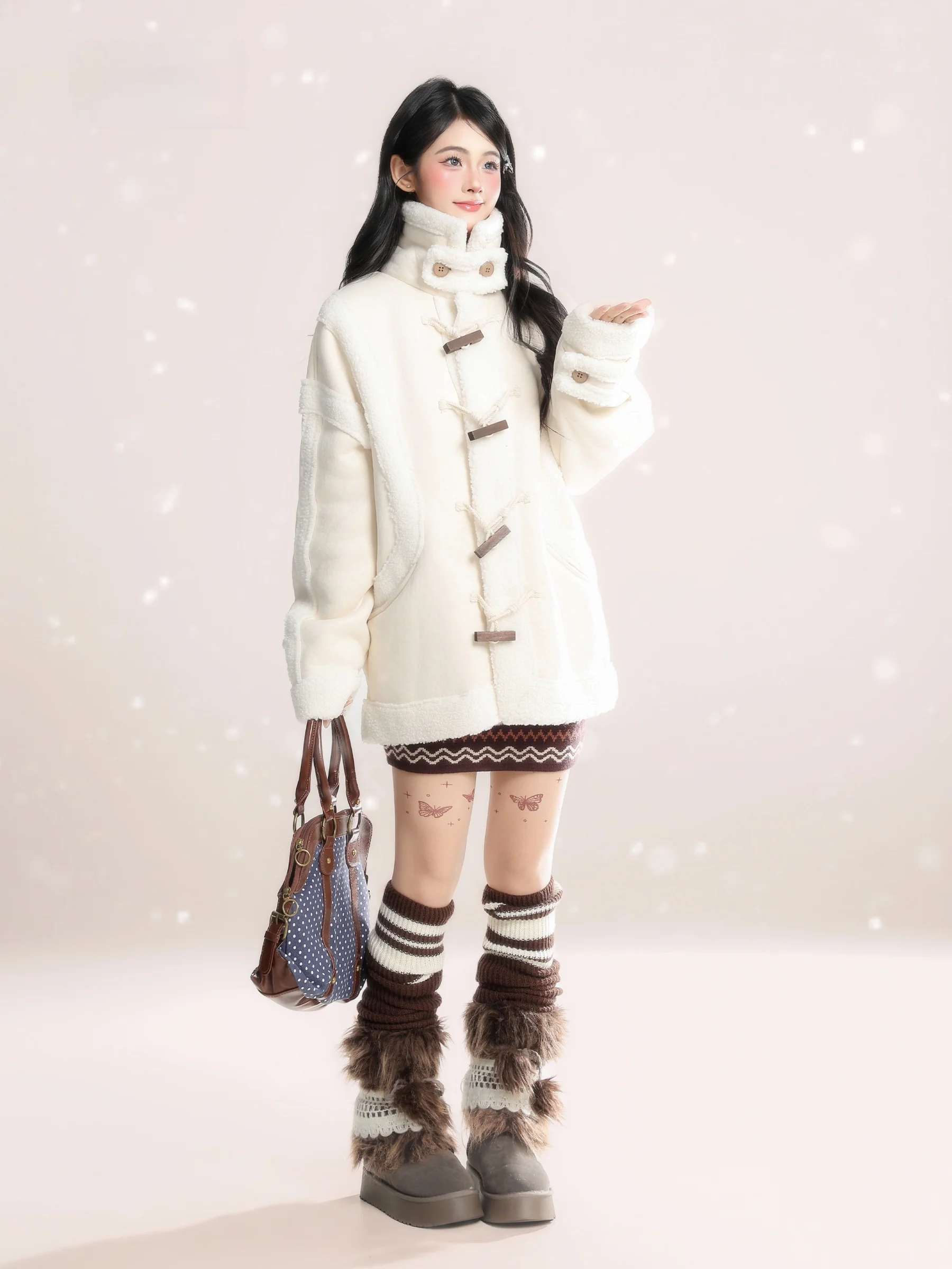 韓国風厚手ラムファースエード継ぎ継ぎ綿入りレディース冬用スタンドカラー一体型レザーファーコットンジャケット