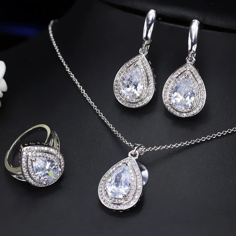HuiSept Rings Earrings Necklace 925 Silver Jewelry Set for Women Wedding Party Water Drop Shape Sapphire Gemstone Gift