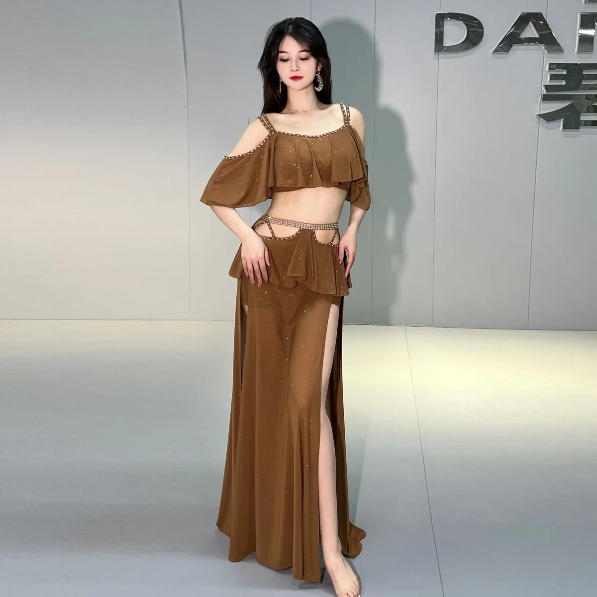 Belly Dance Clothing 2023 New Autumn Winter Mesh Short Sleeves Top+long Skirt 2pcs Oriental Training Suit Women Bellydance Set