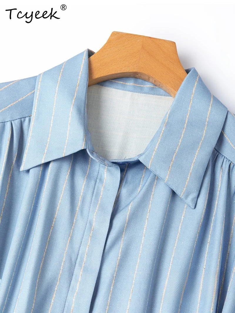 Tcyeek 100% Real Silk Blouses for Women 2026 Summer Slimming Vertical Stripe Print Sleeveless Shirt Woman Clothing Chemise Femme