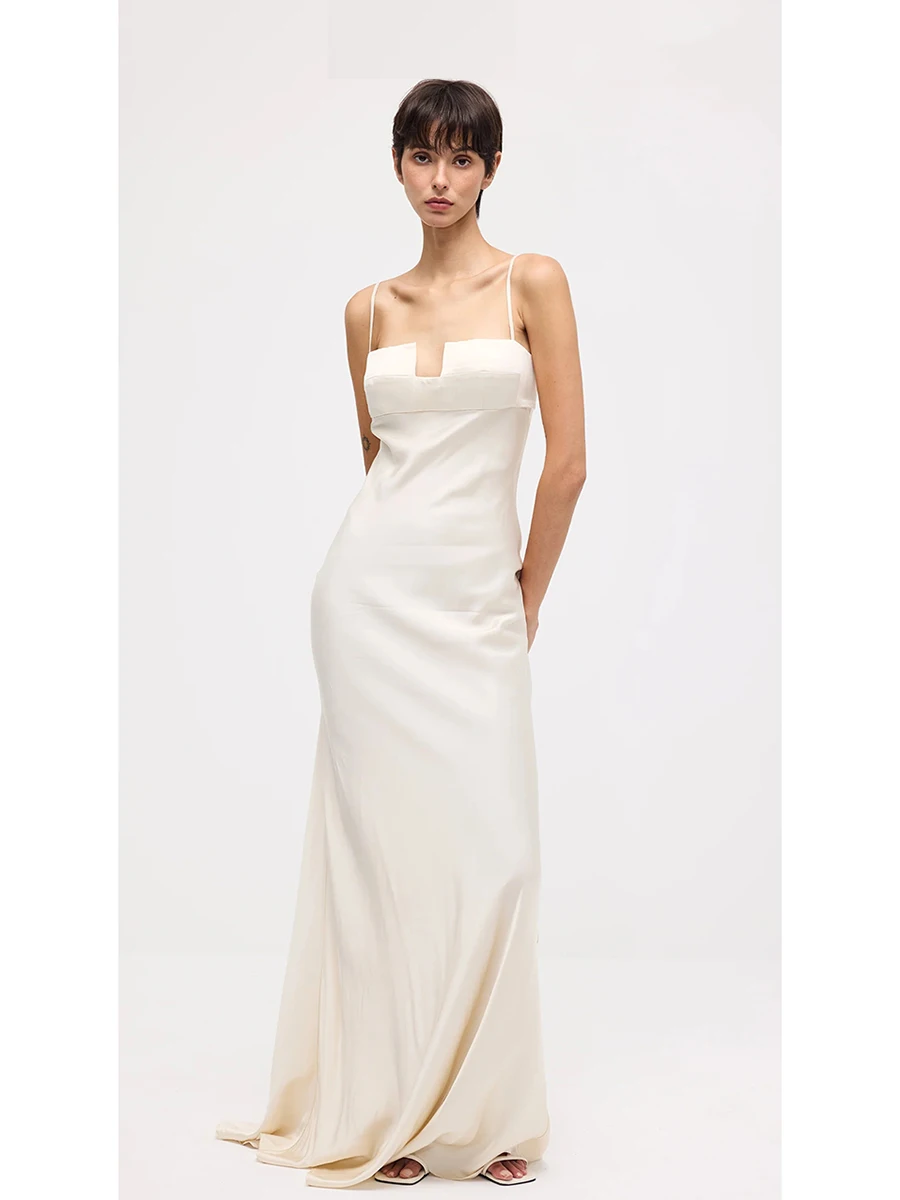 REDDACHiC Satijn Witte Feestjurk Vrouwen Vierkante Beha Backless Hemdje Bodycon Maxi Lange Jurk Bruiloft Gast Elegante Formele Kleding