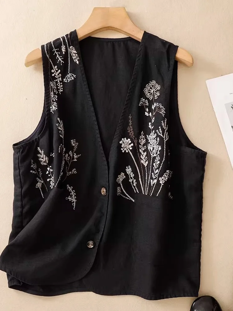 Elegant Embroidered Cotton Linen Vest Women's Summer Thin Outerwear Open Cardigan Shoulder Pad Slimming Linen Top