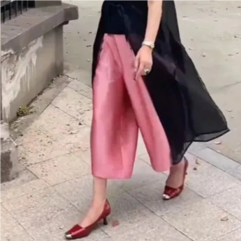 

Female Fashion Wide-leg Pants Summer Women New High Waist Loose 8 Points Pantalons Ladies Solid Color Flower Bud Casual Trousers