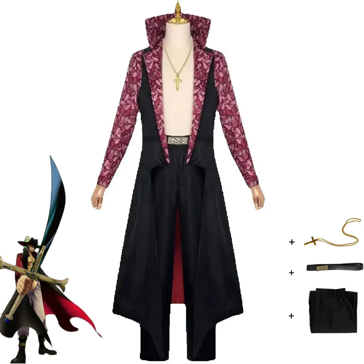 

Live Action Movies Dracule Mihawk Cosplay Costume Stand-Up Black Printing Long Sleeves Coat Trench Uniform Full Set Man Suit