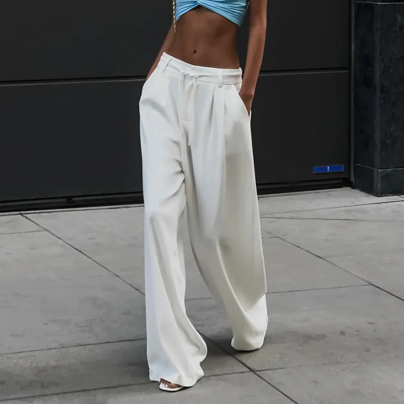 Talenza White Lace Casual Pants Women's Loose Long Straight Pants Solid Color Commuting Versatile Casual Street Women's Pants