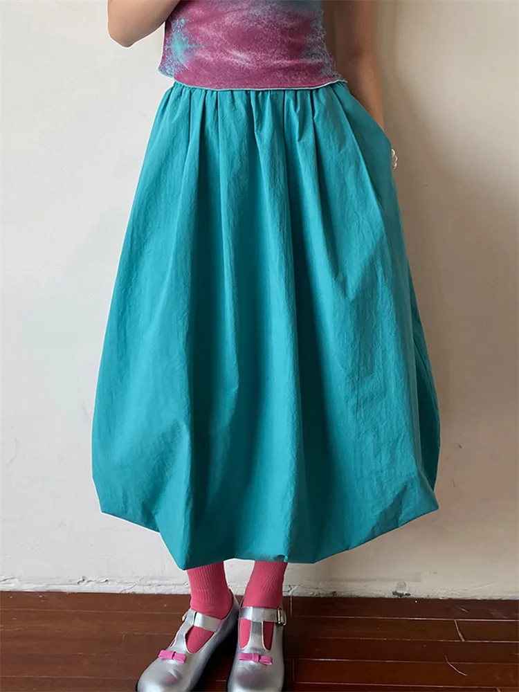 Chic Women Bubble Skirts Solid Color Elastic Waist Pleated Long Skirt Summer Retro Casual Loose Skirts New