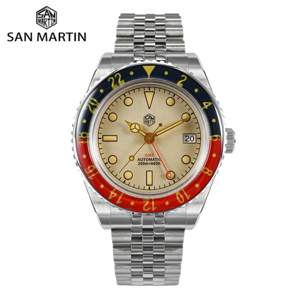 San Martin 40mm NH34 GMT Watches For Men Wrist Mechanical Vintage Luxury 20Bar Diving Sports C3 Luminous Reloj Hombre SN0005B-3