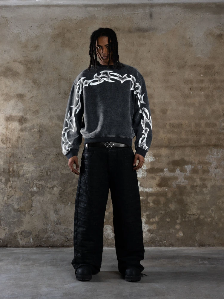 Cross border pure cotton washed totem print personalized hip-hop rock dark men's and women's loose round neck pullover hoodie