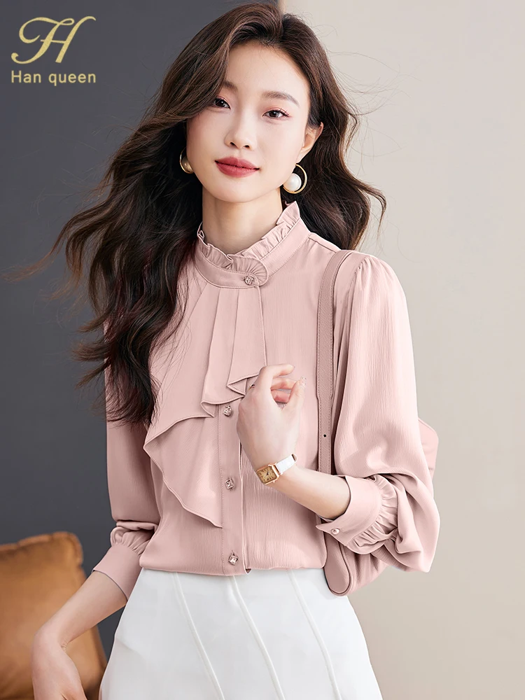 H Han Queen New 2024 Autumn Womans Clothing Loose Long Sleeve Chiffon Shirts & Blouses Ruffles Formal Casual Tops Vintage Shirt