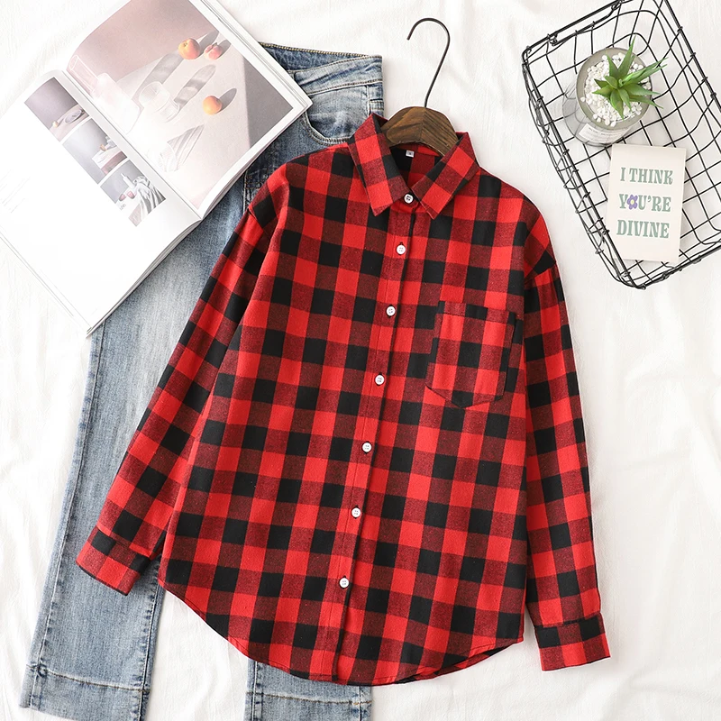 

Quality Flannel Women's Plaid Shirt 2024 Autumn New Ladies Casual Loose Long Sleeve Blouses and Tops Female Checkered Clothes