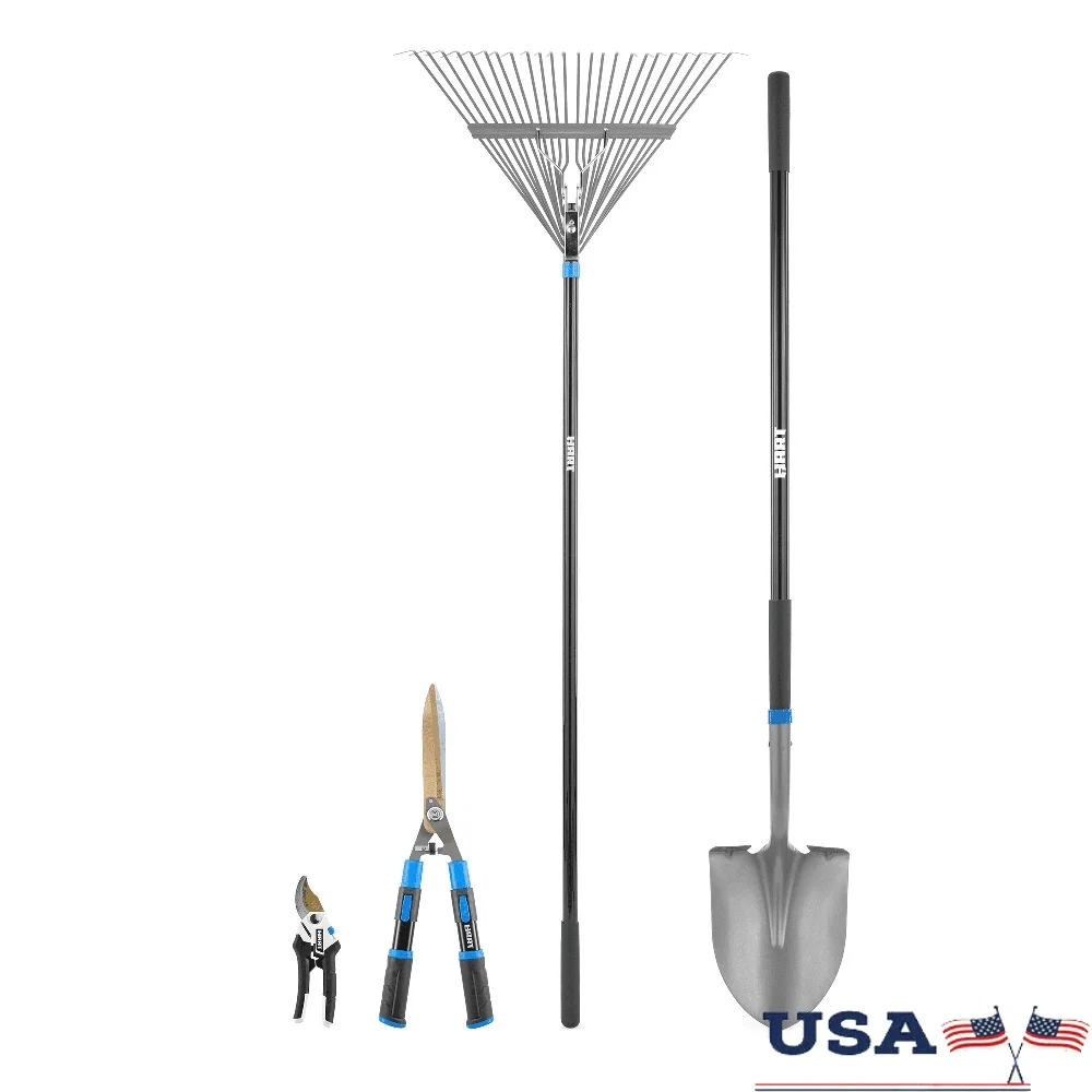 

Garden Tool Starter Kit Digging Shovel Leaf Rake Hedge Shears Hand Pruner Ergonomic Comfortable Durable Heavy Duty Gardening