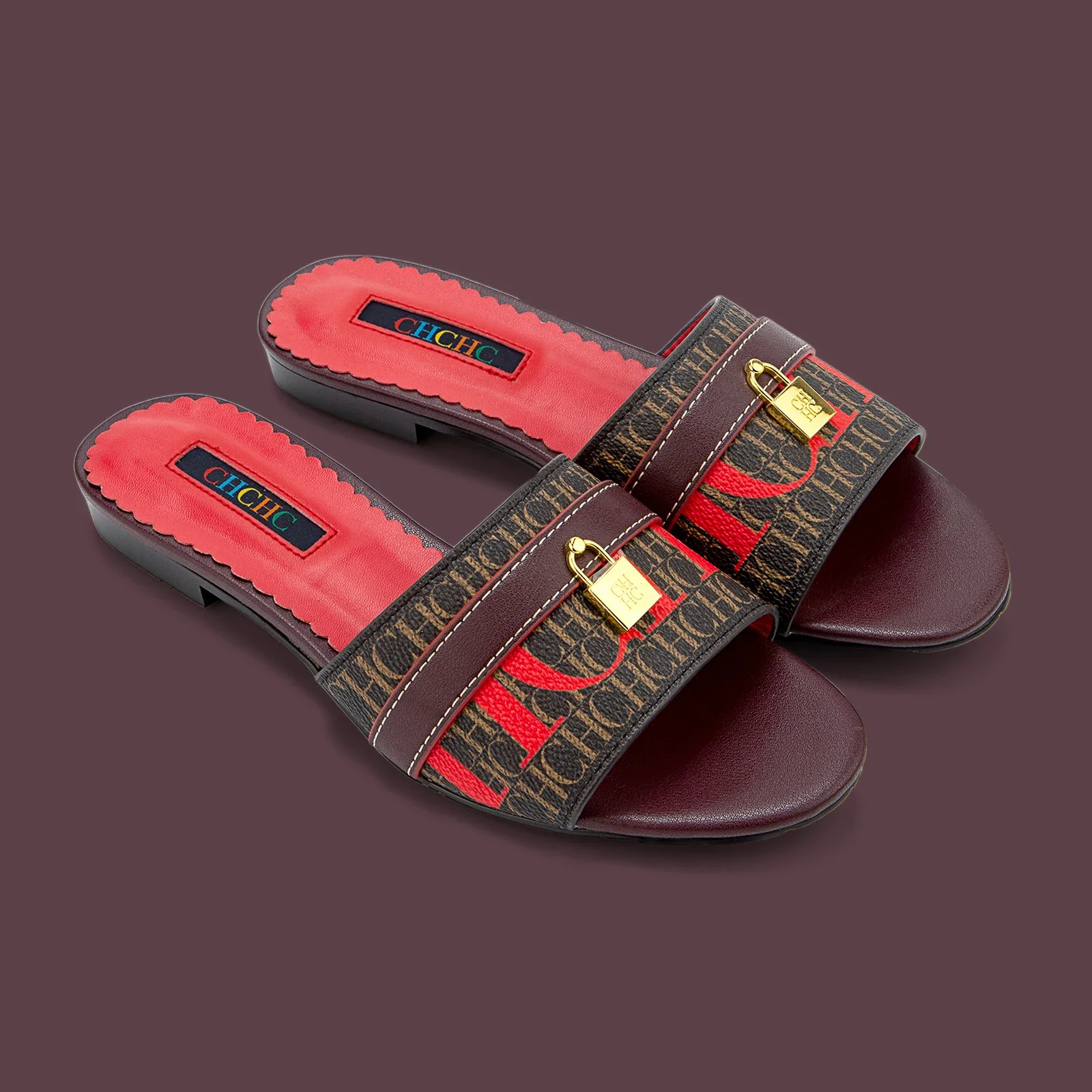 

Business Casual Black Red Letter Flat Mules Women Gold Lock Single Strap Slip Resistant Office Date Gift Box Sandals