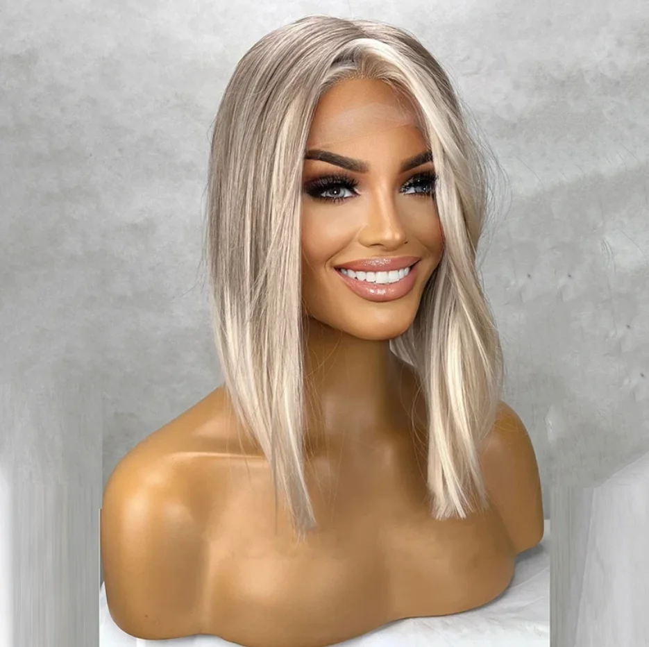 

Ombre Brown White Blonde Wig Short Straight Wig With Soft Hairline For Women Middle Part Ash Brown Natural Looking Glueless Wig