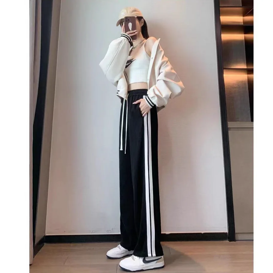 Pantalones de Trabajo Estilo Americano con Parches Laterales, Primavera-Otoño, Sencillos, Holgados, Deportivos, Casuales, de Cintura Alta y Pierna Ancha