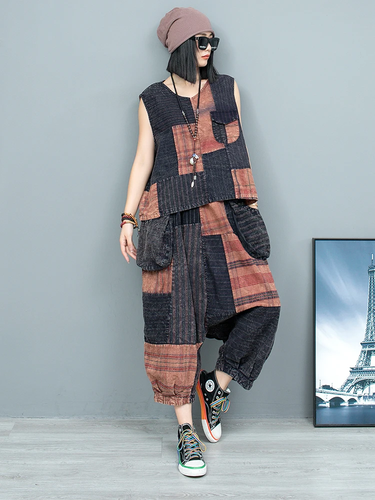 Patchwork Backless Sleeveless Vest + Large Pocket Hanging Crotch Pants Two Piece Set Women Autumn Pant Set LX1781