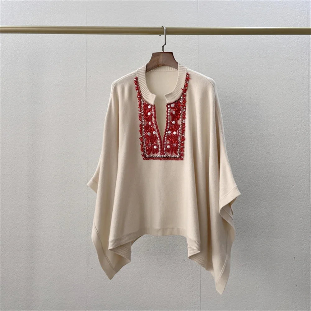 Beaded Embroidery Deep V-neck Loose Knitted Pullover Sweater Female Cape Top