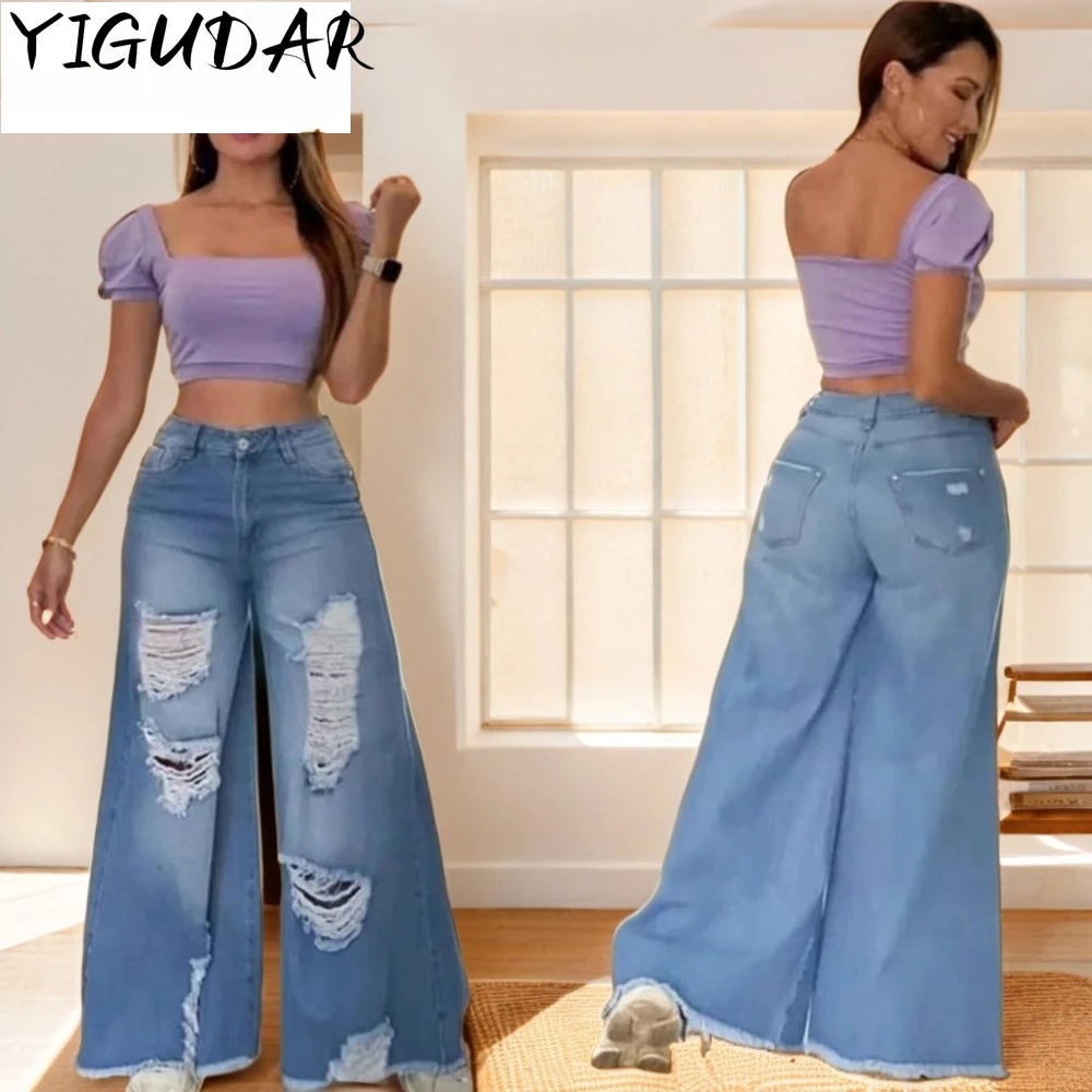 Streetwear Gerade Hosen Damen Zerrissene Jeans Hohe Taille Lose Breite Bein Hosen Damen Jeans Y2K Sommer mon jeans High Street Jean