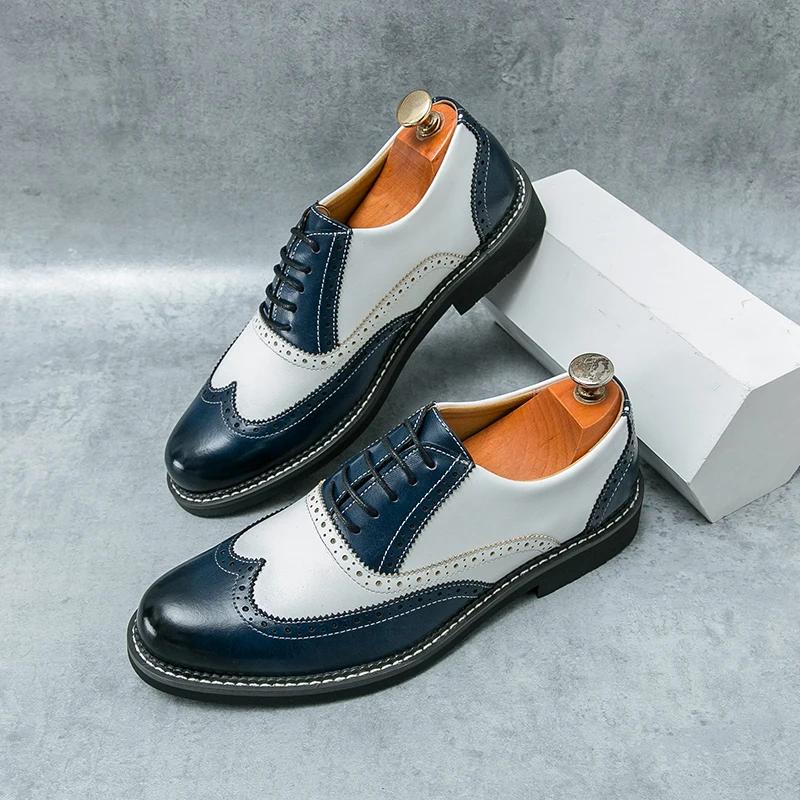 Men Formal Shoes PU Color Blocking Classic Fashion Blok Carved Leather Shoes Daily Youth Office Lace Up Casual Men Shoes